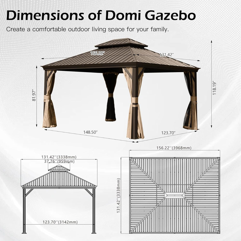 English Elm 13x13ft Hardtop Gazebo Galvanized Steel Vented Double Roof with Curtains Netting Patio Brown W1859S00202