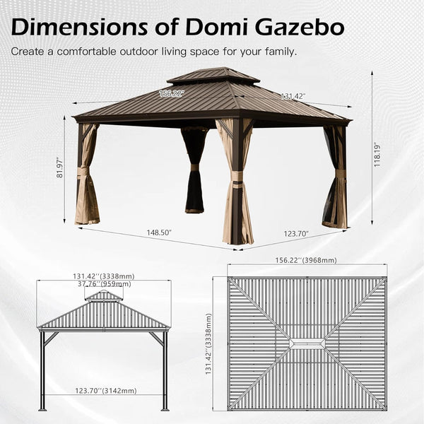 English Elm 13x13ft Hardtop Gazebo Galvanized Steel Vented Double Roof with Curtains Netting Patio Brown W1859S00202