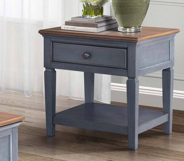 English Elm 24 inch End Table Corduroy Blue Distressed Coastal Accent with Drawer & Shelf, Antique Pewter Hardware B108P193074