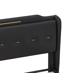 English Elm Christopher Knight Home® - King PU Leather Bed Frame with Wingback Headboard & Footboard, Gold Accents, Platform Slat Support, Elegant Design Black 77.5 L x 21 W x 5.25 H N761S0000012B