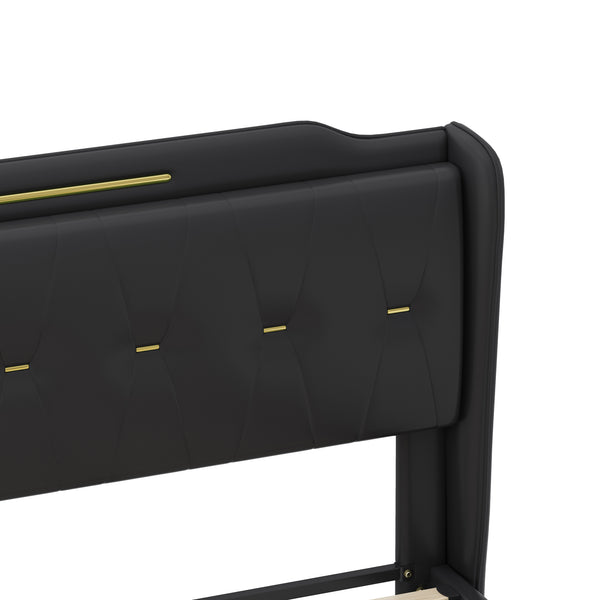English Elm Christopher Knight Home® - King PU Leather Bed Frame with Wingback Headboard & Footboard, Gold Accents, Platform Slat Support, Elegant Design Black 77.5 L x 21 W x 5.25 H N761S0000012B