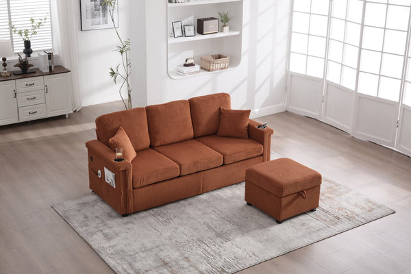 English Elm UNITED Corduroy L-Shaped Sectional Sofa with Storage Ottoman, USB Ports, Cup Holders & LED Lighting Orange W1568P332402