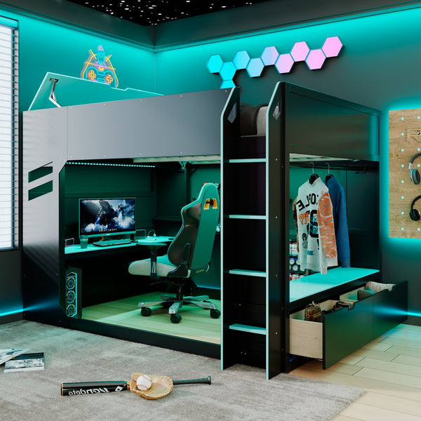 English Elm Full Size Loft Bed with Rgb Lighting Desk Drawers Hanging Rod Teen Bedroom Blue LT000288AAC-1