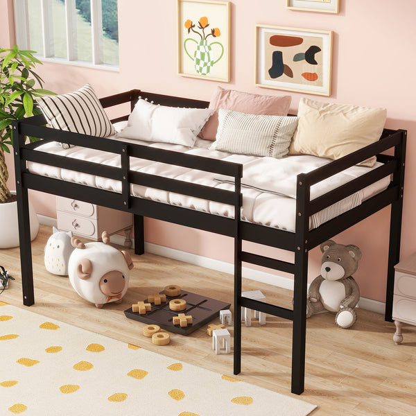 English Elm Solid Twin Loft Bed with Ladder and Reinforced Slats for Storage-Friendly, Space-Saving Bedrooms Black W504P190956