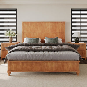 English Elm Solid Rubberwood Queen Platform Bed Tall Headboard Vertical Grain No Box Spring Natural W5819S00004