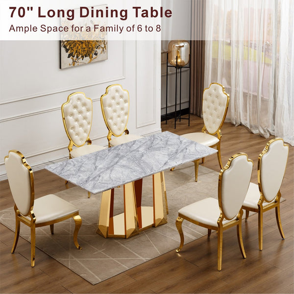 English Elm Marble Dining Table For 6 - Modern Faux Marble Rectangle Table With Gold Stainless Steel Base W3456S00041