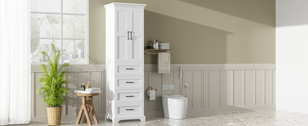 English Elm 71.6" Free-Standing Bathroom Vanity with Soft-Close Doors, 3 Drawers, Adjustable Shelves, White Finish N729P335599K