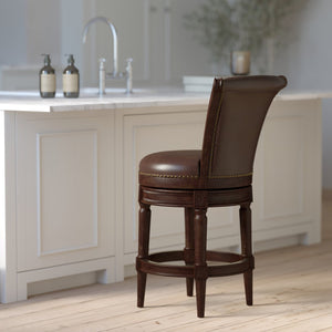 English Elm 26in. Solid Wood High-back Swivel Barstool Faux Leather Seat Nail Head Trim B2751P436428