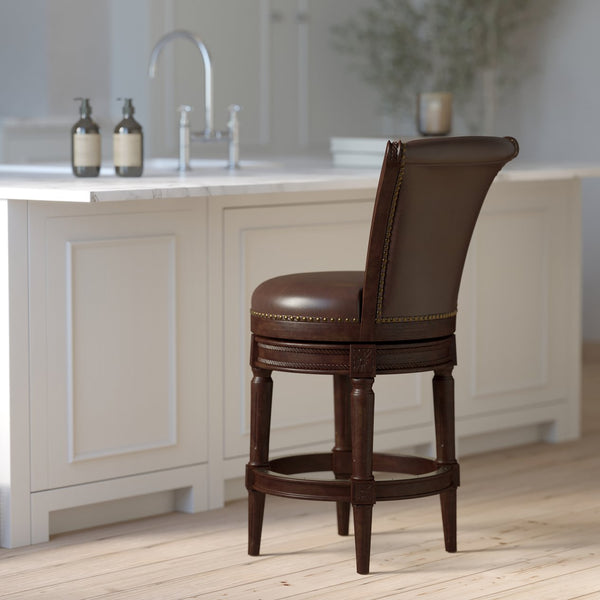 English Elm 26in. Solid Wood High-back Swivel Barstool Faux Leather Seat Nail Head Trim B2751P436428