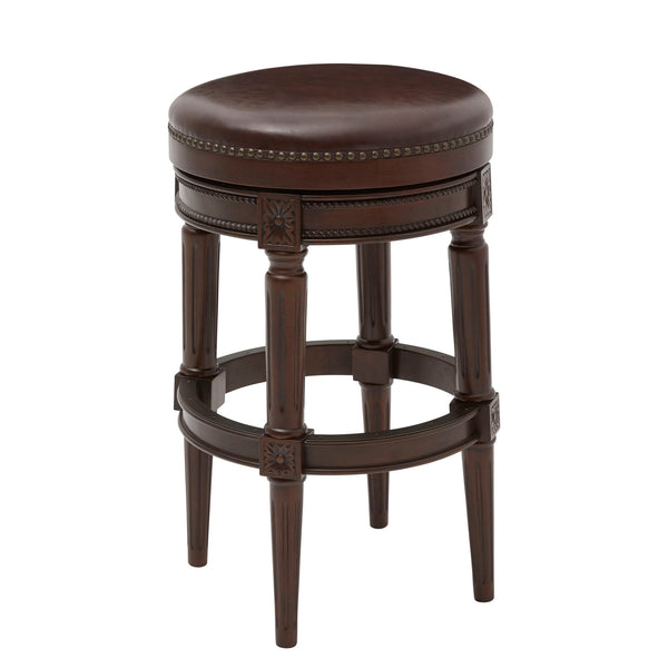 English Elm 31in. Swivel Barstool Faux Leather Seat Nailhead Trim Carved Walnut Frame Kitchen Bar B2751P436435