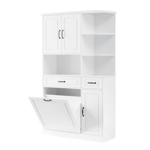 English Elm Tall Freestanding Organizer Cabinet with Tilt-Out Hamper, 2 Drawers, Adjustable Shelves, Modern White MDF Storage N725S352451K