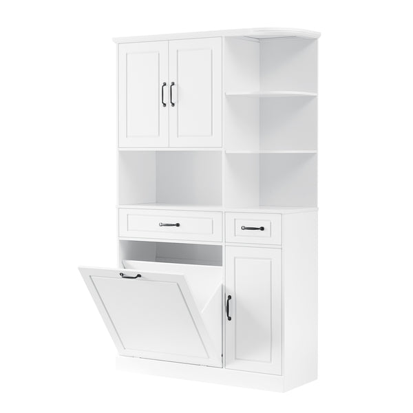 English Elm Tall Freestanding Organizer Cabinet with Tilt-Out Hamper, 2 Drawers, Adjustable Shelves, Modern White MDF Storage N725S352451K