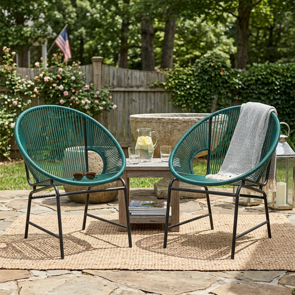 English Elm Nusa Outdoor Pe Rattan Patio Chairs with Iron Frame Airy Oval Weave Set of 2 Teal N775P422987T