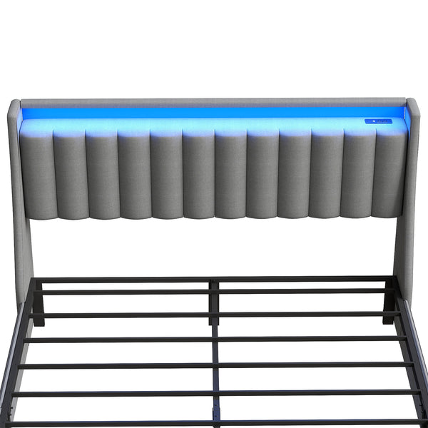 English Elm Queen Wingback Storage Bed Tufted Linen Upholstery Rgb Lighting Charging Station T3963P483110