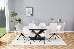 English Elm Modern Extendable Dining Table with Walnut MDF Veneer Top, Dual V-Shaped Metal Base, Sleek Durable Design White Marble W3493S00006