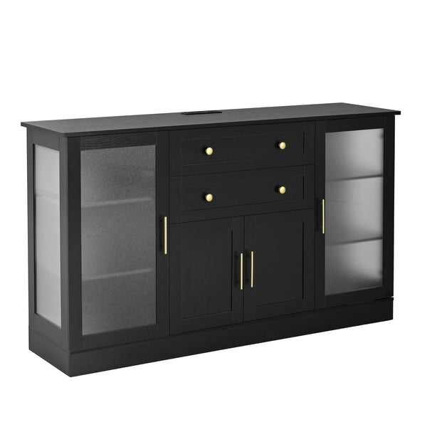 English Elm U-style Modern Buffet Sideboard with Acrylic Doors Power Outlet and Adjustable Storage Black N711P437648B