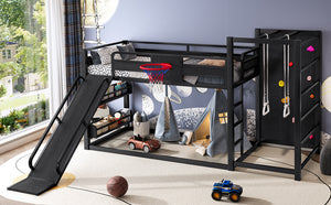 English Elm Twin Metal Loft Bed with Slide Basketball Hoop Climbing Wall and Built-in Shelves Black W1580S00342