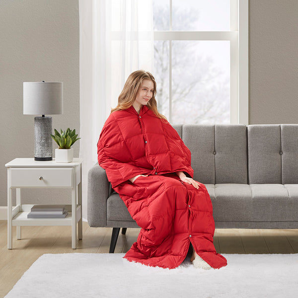 JLA Home True North by Sleep Philosophy - Wearable Oversized Goose Down Throw Jacket with Water-Repellent Shell, Packable Warmth & Button Closure Red TN50-0484
