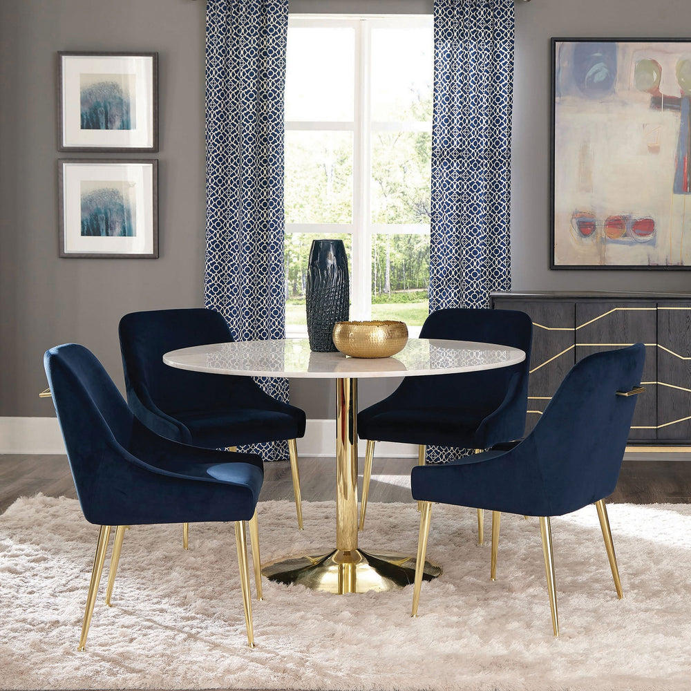 English Elm Raleigh White Pedestal Dining Set with Blue Molded Chairs and Brass Base — Mid-Century Luxe 5-Piece B062S01027