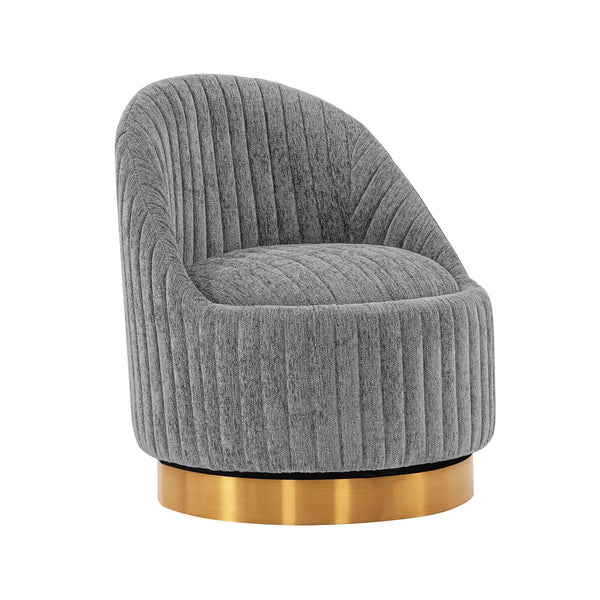 English Elm Leela Plush Chenille Swivel Lounge Chair with Brushed Gold Base, Ribbed Stitching, 440lb Capacity Grey B365P397962