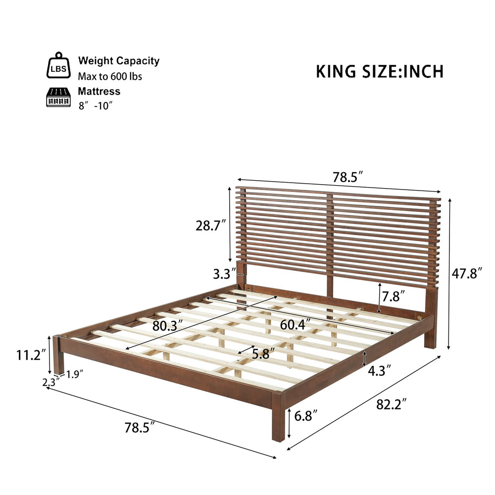 English Elm Premium Solid Wood King Platform Bed Warm Toned Slat Headboard Modern Bedroom Frame Walnut N770PK367005D