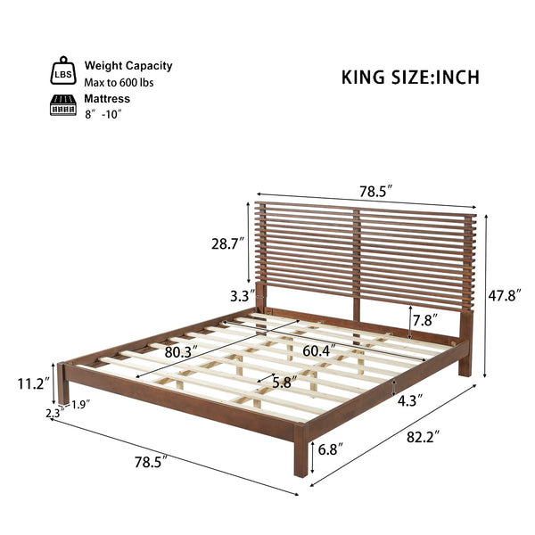 English Elm Premium Solid Wood King Platform Bed Warm Toned Slat Headboard Modern Bedroom Frame Walnut N770PK367005D