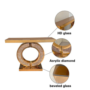 English Elm Mirrored Console Table with Diamond Inlay Double O Base Glam Entryway Accent Brown W3836P420881