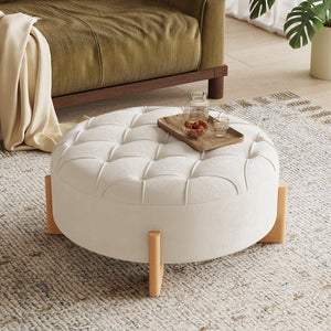 English Elm 32" Round Chenille Ottoman Tufted Footrest with Rubberwood Legs for Living Room Beige N723P405298A