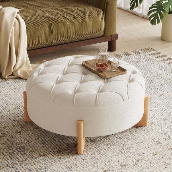 English Elm 32" Round Chenille Ottoman Tufted Footrest with Rubberwood Legs for Living Room Beige N723P405298A
