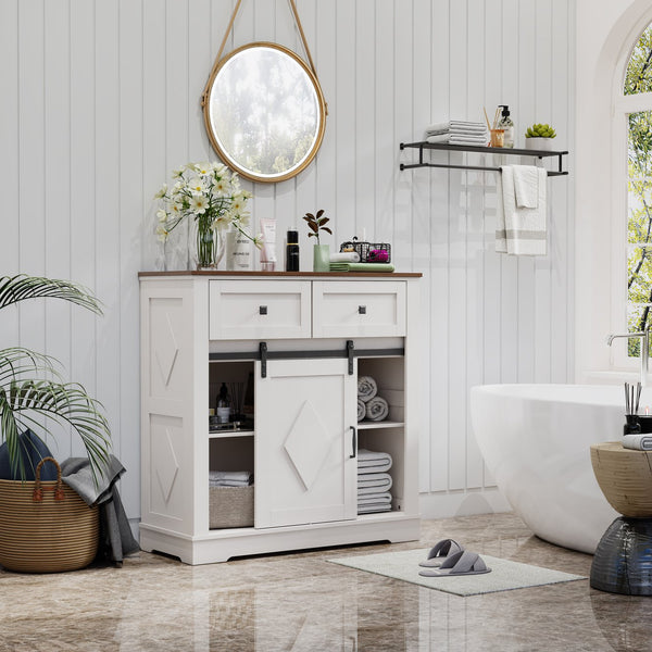 English Elm 39" Sliding Barn Door Buffet Sideboard with Walnut Top, 2 Drawers, 5 Compartments, Anti-Tip Safety and Durable MDF Finish W2948P245259