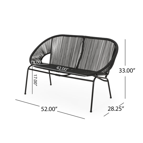English Elm Christopher Knight Home® - CONDESSA Black Loveseat – Modern Hammock Weave Polyethylene Rattan on Matte Powder-Coated Iron Frame 67120.00BLK