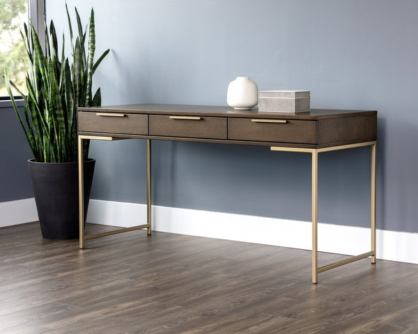 Sunpan Rebel Desk - Modern Solid Oak Wood Desk with Soft Closing Drawers and Black Iron Hardware Design Gold / Raw Umber