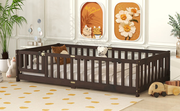 English Elm Twin Size Floor Bed With Safety Guardrails, Eco-Friendly Rubberwood Design, Espresso Finish, Durable W504P286375-GIGA