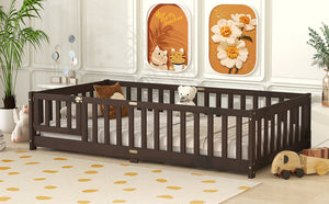 English Elm Twin Low Profile Rubberwood Floor Bed with Full Safety Fence for Toddler Rooms Espresso W504P429279