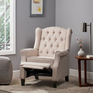 English Elm Christopher Knight Home® - Pushback Tufted Recliner Chair in Beige Fabric with Wingback Design, Birch Legs, Contemporary Comfort and Style 68629.00
