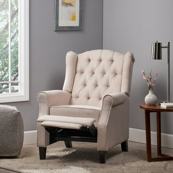 English Elm Christopher Knight Home® - Pushback Tufted Recliner Chair in Beige Fabric with Wingback Design, Birch Legs, Contemporary Comfort and Style 68629.00