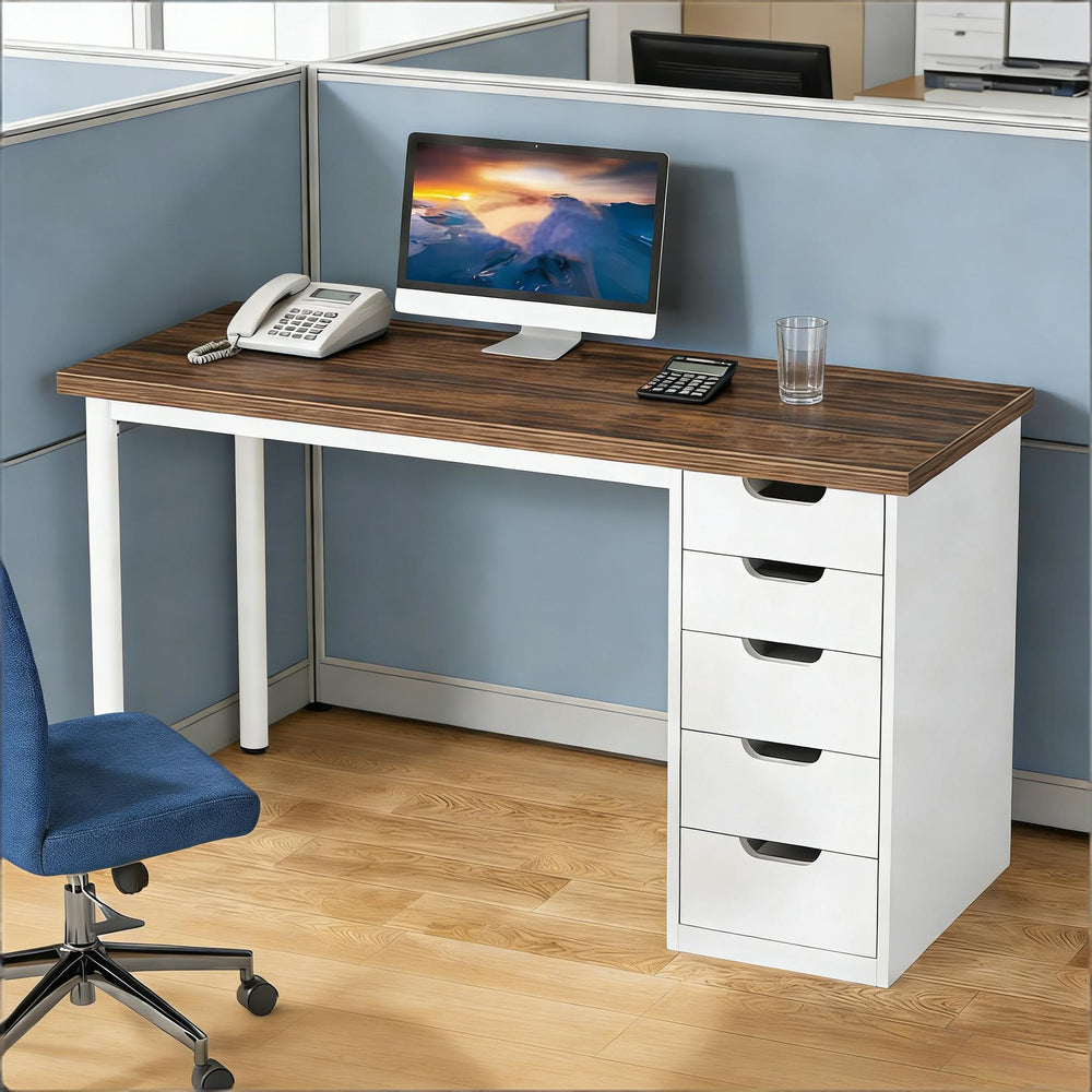 English Elm Classic Five Drawer Writing Desk with Round Metal Legs and White Engineered Wood Top T3971P453625