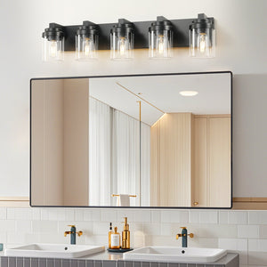 English Elm 5-Light Matte Black Farmhouse Vanity Light 31" with Clear Glass Shades, Water-Resistant LED Sconce for Bath W2312P389979