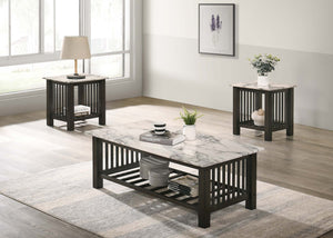 English Elm Contemporary 3pc Occasional Table Set Faux Marble Top Antique Walnut Finish Open Shelf Modern Design B011S01995