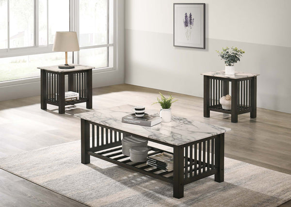 English Elm Contemporary 3pc Occasional Table Set Faux Marble Top Antique Walnut Finish Open Shelf Modern Design B011S01995