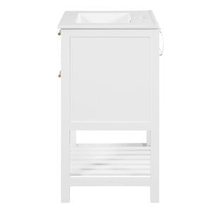 English Elm 24" Rattan Front Bathroom Vanity with Ceramic Sink Deep Drawer Storage Mdf Cabinet White N710P293990K