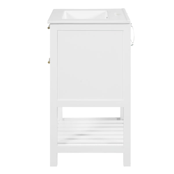 English Elm 24" Rattan Front Bathroom Vanity with Ceramic Sink Deep Drawer Storage Mdf Cabinet White N710P293990K