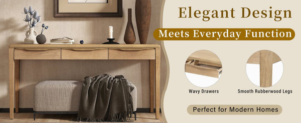 English Elm U_style Oak Veneer Console Table with Three Wave Drawers for Entryway or Foyer Natural N711P401926N