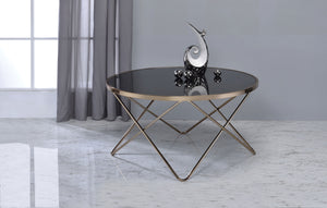 English Elm Valora Round Black Smoky Glass Coffee Table with Champagne V-Base, Modern Luxe Centerpiece B2726P256184