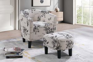 English Elm Accent Chair and Ottoman Set Botanical Script Print Barrel Back with Tapered Legs B089P416565