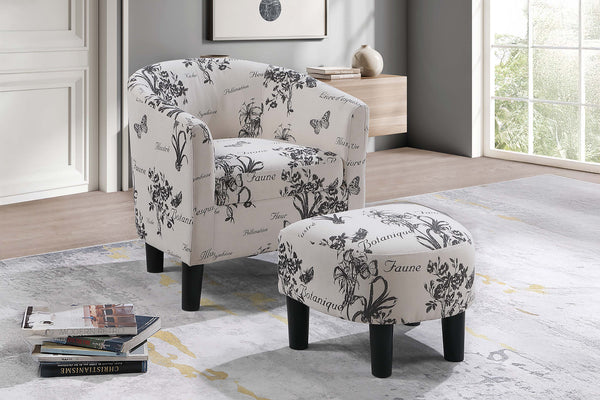 English Elm Accent Chair and Ottoman Set Botanical Script Print Barrel Back with Tapered Legs B089P416565