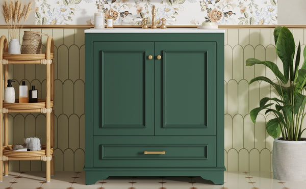 English Elm 30" Elegant Bathroom Vanity with Ceramic Sink, French-Inspired Compact Cabinet with Drawer & Shelf Green N710P317676F