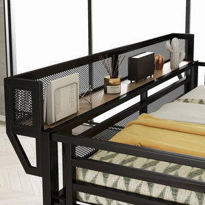 English Elm Full Loft Bed with Desk and Charging Station, Metal Loft with Stairs, Wardrobe, Shelves & Light Black W2580S00047