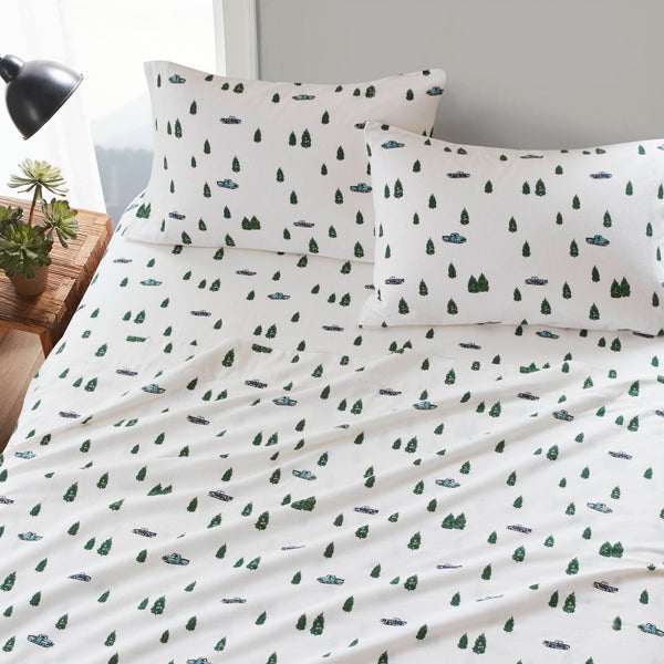 English Elm 4 Pcs Cozy Cal King Flannel Sheet Set With Green Trees & Trucks – Soft, Warm, Easy Care! B035P319770
