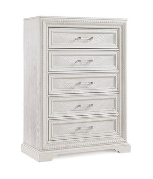 English Elm 1pc Five-Drawer Tall Storage Chest with Bright Finish, Elegant Pulls, Spacious Wooden Bedroom Tower Antique White 41 L x 22.5 W x 57 H B2741P408963